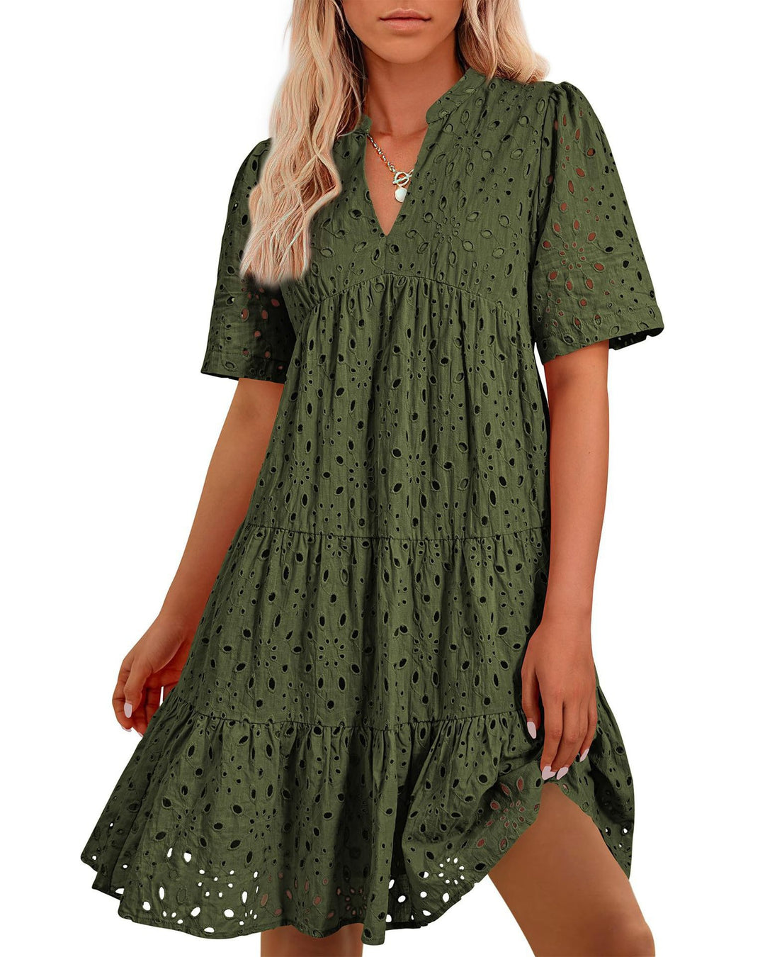 Eyelet Embroidery Tiered Mini Dress, Notched Neck Short Sleeve Casual Summer Dress