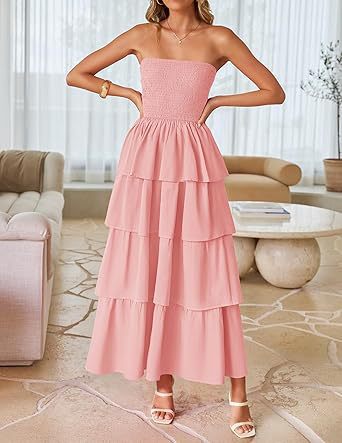Women Summer Maxi Dress 2026 Casual Boho Sleeveless Spaghetti Strap Smocked Tiered Long Beach Sundresses