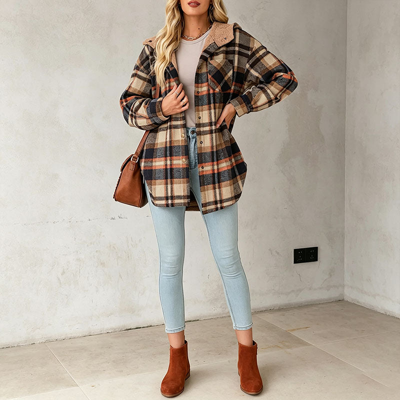 Fleece-lined plaid warm jacket