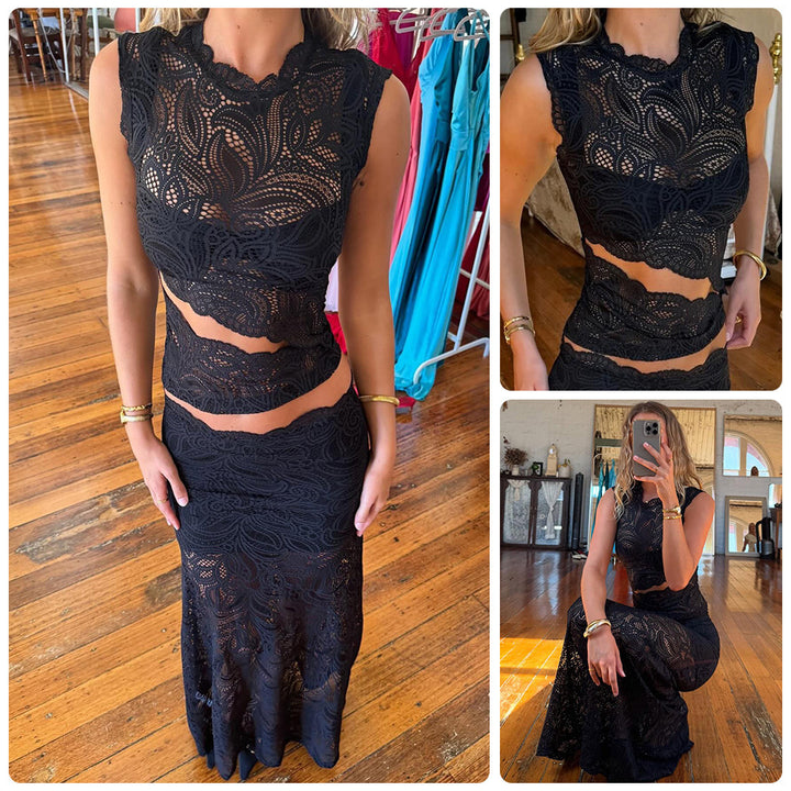Black Lace Two-Piece Co-Ord Set | Sheer Cap Sleeve Crop Top &amp; Maxi Skirt for Women