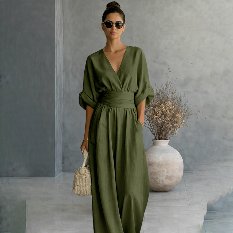 V-neck waist-cinching jumpsuit