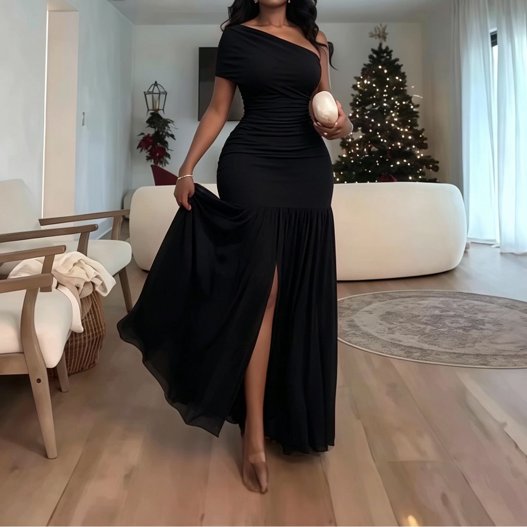 One Shoulder Ruched Slit Maxi Dress