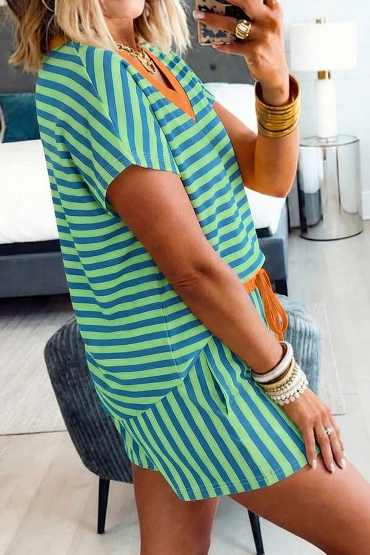 Yellow Striped 2-Piece Loungewear Set with Light Blue Trim
