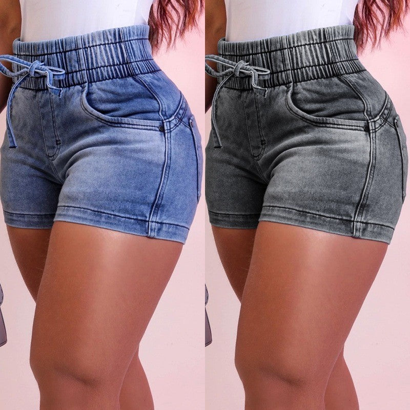 Elastic Drawstring High Waist Cuffed Stretch Denim Shorts
