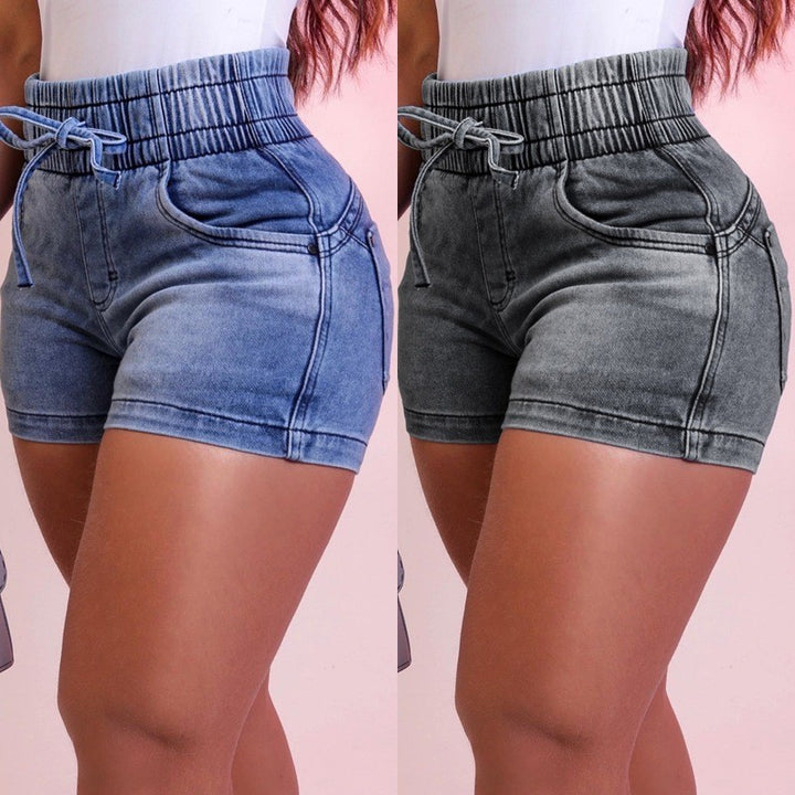 Elastic Drawstring High Waist Cuffed Stretch Denim Shorts