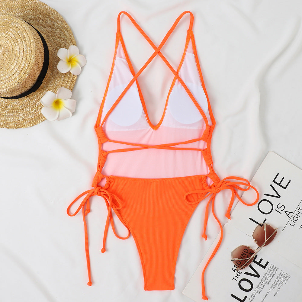 Control Sexy Deep V One Piece Swimsuit Women with Tie Sides