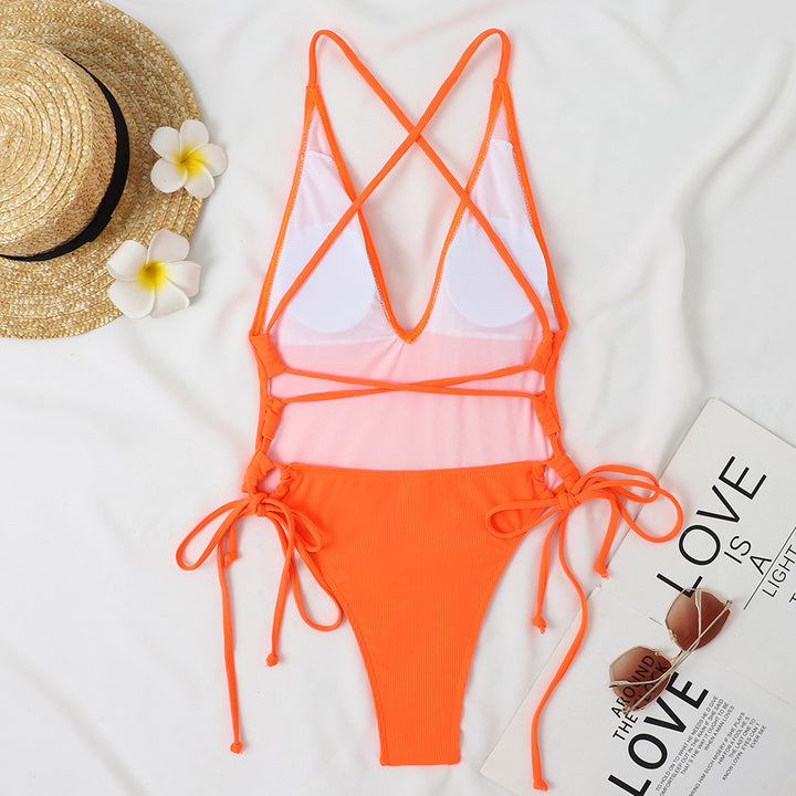 Control Sexy Deep V One Piece Swimsuit Women with Tie Sides