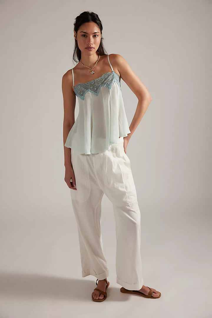 Mint Green Lace Trim Satin Cami Top | Adjustable Square Neck Blouse