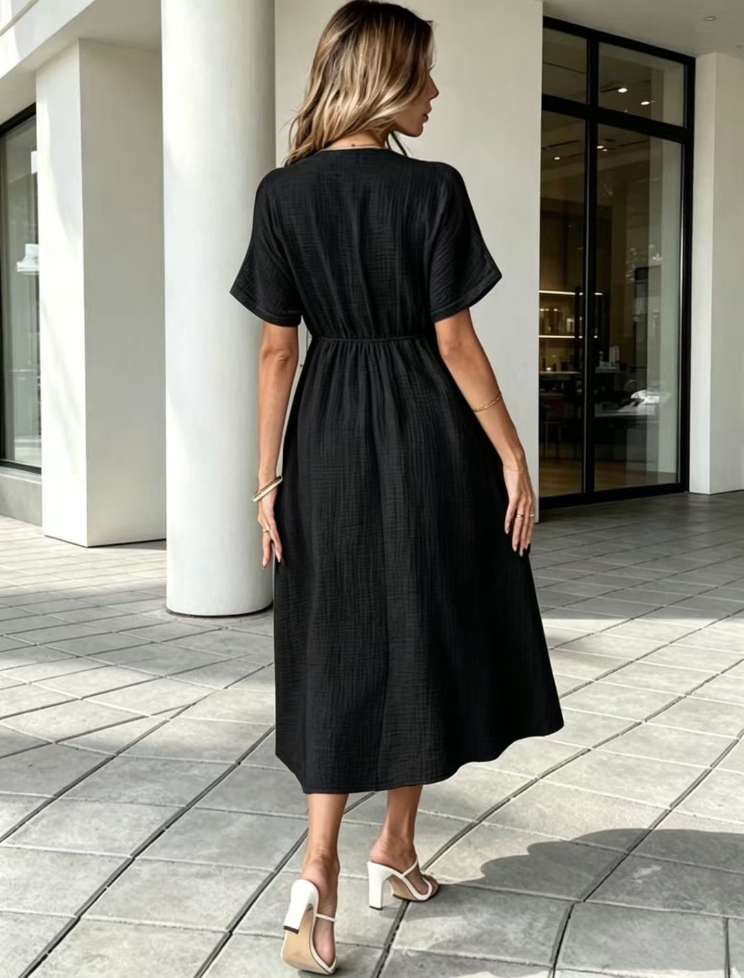 Crinkle Gauze V-Neck Midi Dress with Tie Detail, Short Sleeve Flowy Dress for Women