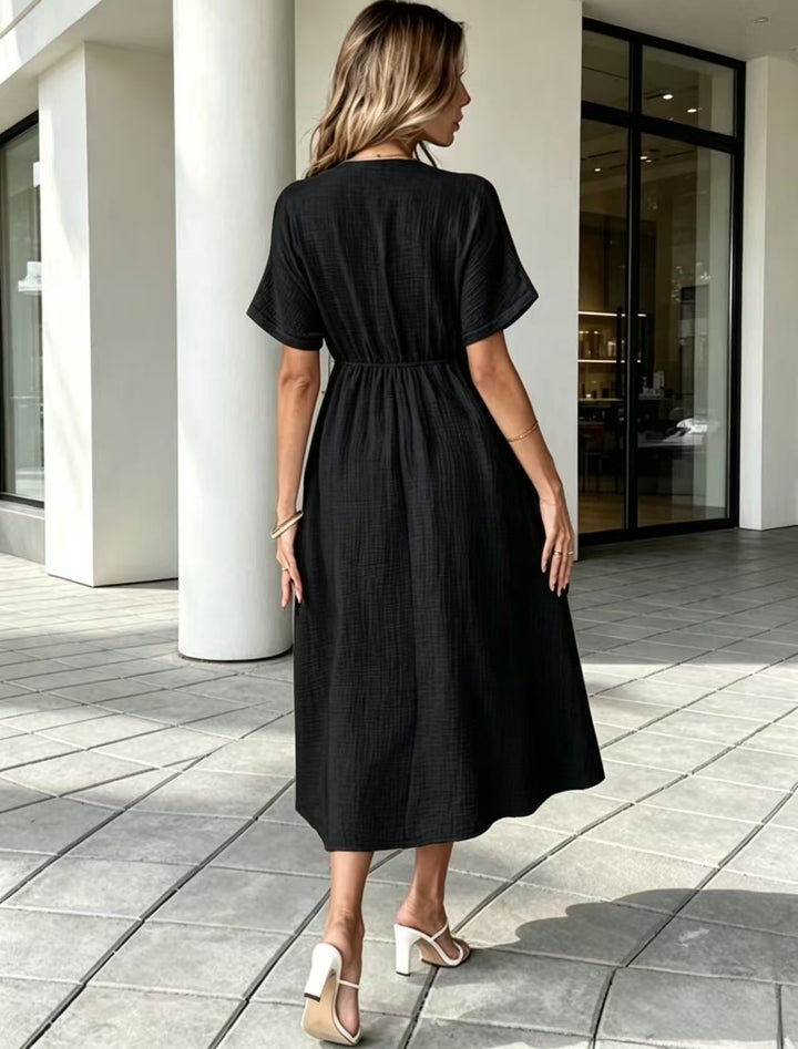 Crinkle Gauze V-Neck Midi Dress with Tie Detail, Short Sleeve Flowy Dress for Women
