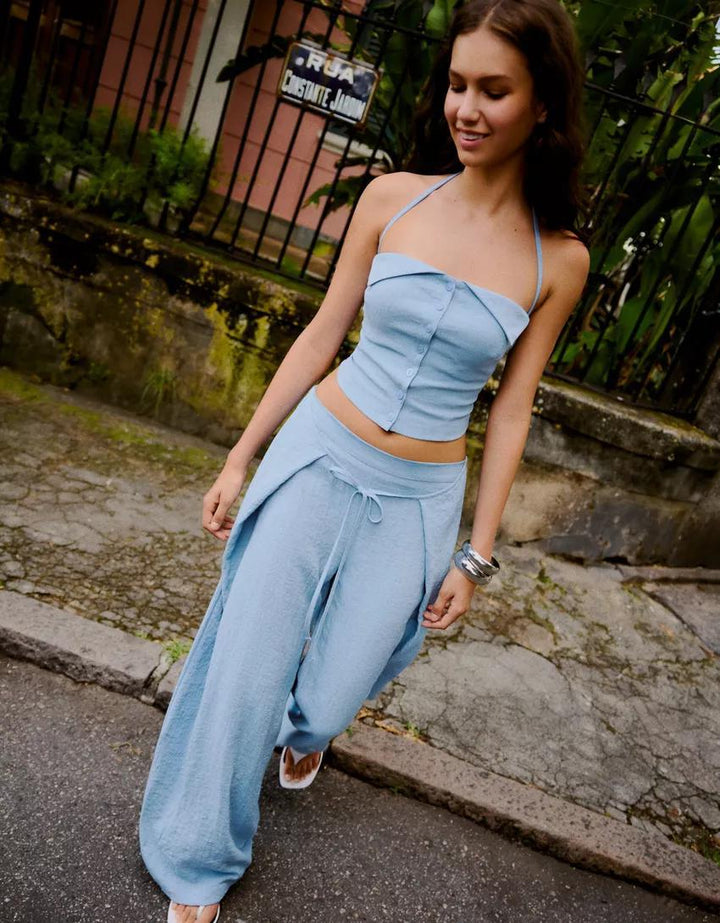 Halter Neck Button-Front Crop Top | Textured Fitted Camisole for Women