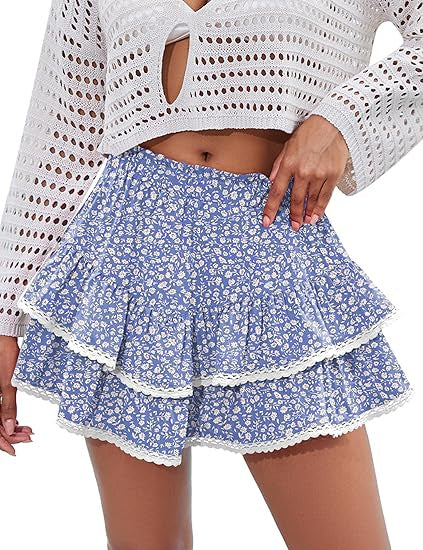Floral Tiered Ruffle Mini Skirt with Lace Trim