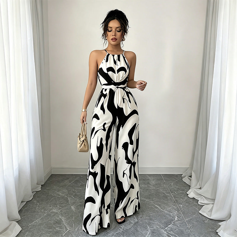Halter-neck loose-fitting printed wide-leg jumpsuit