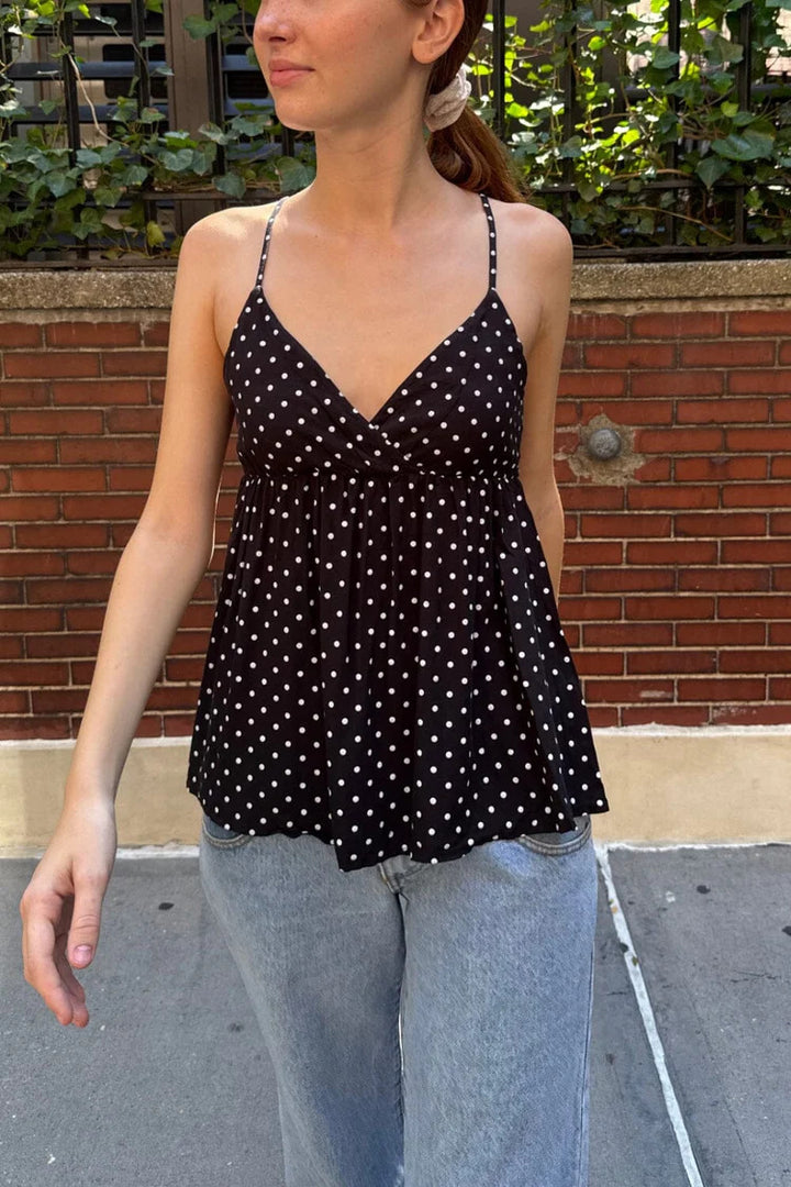 Polka Dot Deep V Babydoll Cami Top | Cream &amp;amp; Black Y2K Sweetheart Peplum Blouse