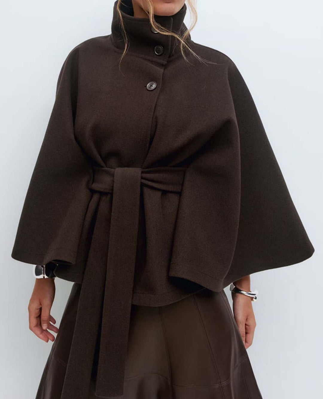 High-Neck Asymmetrical Button Cape Coat with Belt