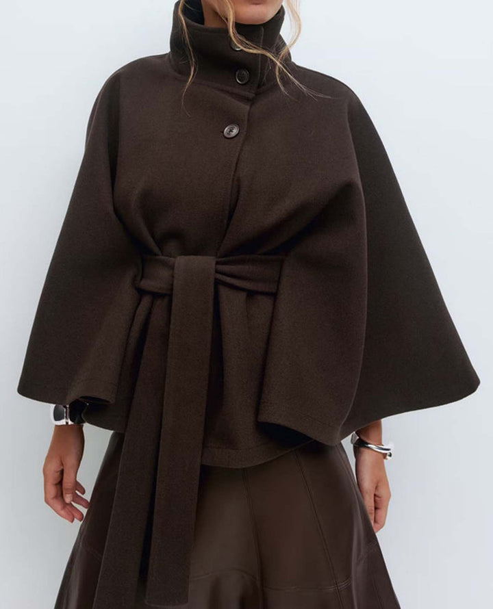 High-Neck Asymmetrical Button Cape Coat with Belt