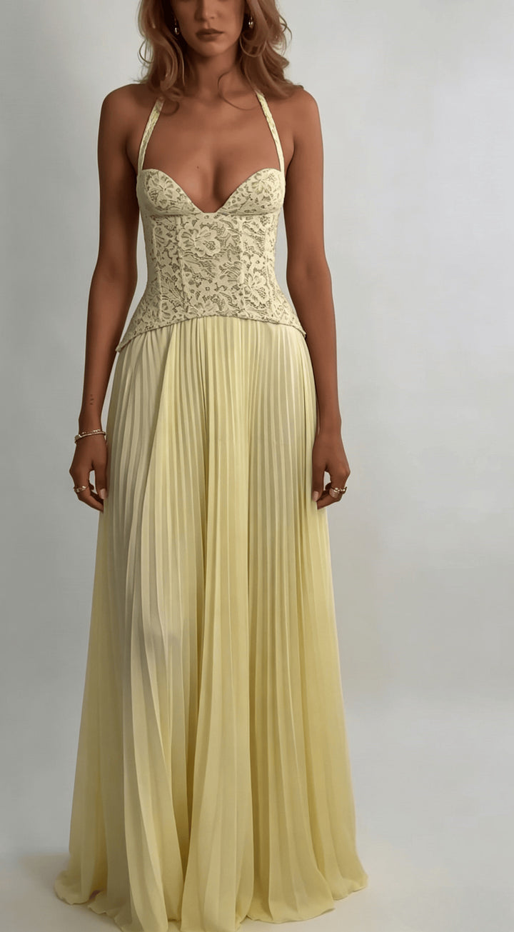 Olive Green Lace Halter Pleated Maxi Dress