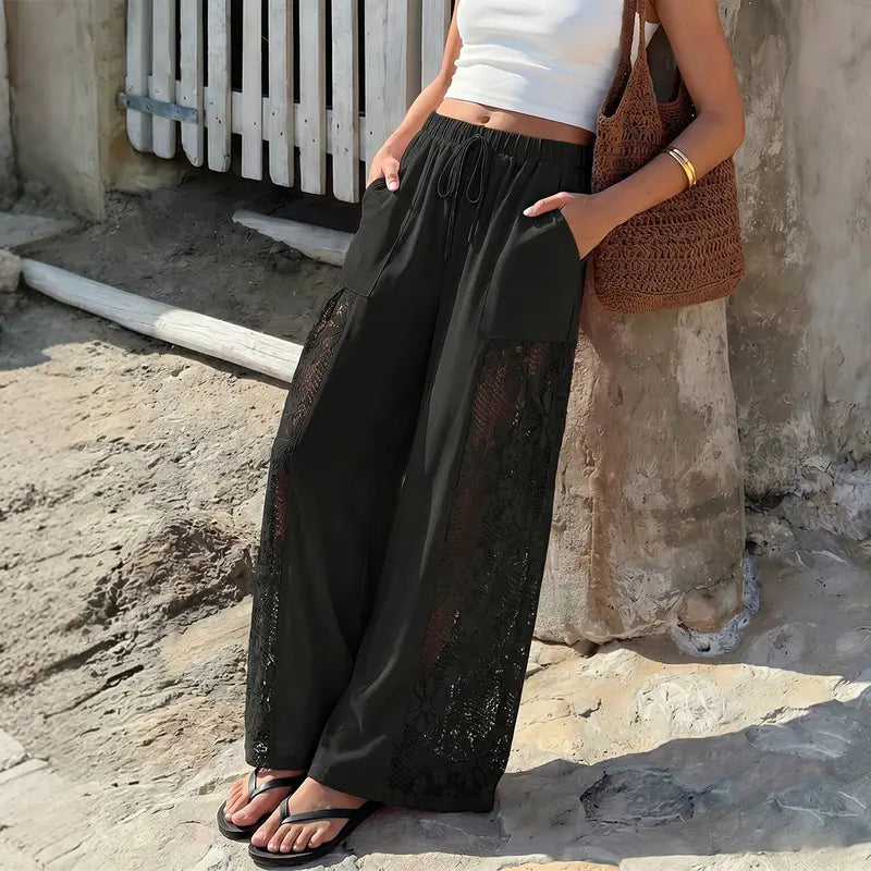 Floral lace patchwork elastic waist wide-leg pants