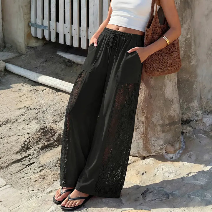 Floral lace patchwork elastic waist wide-leg pants