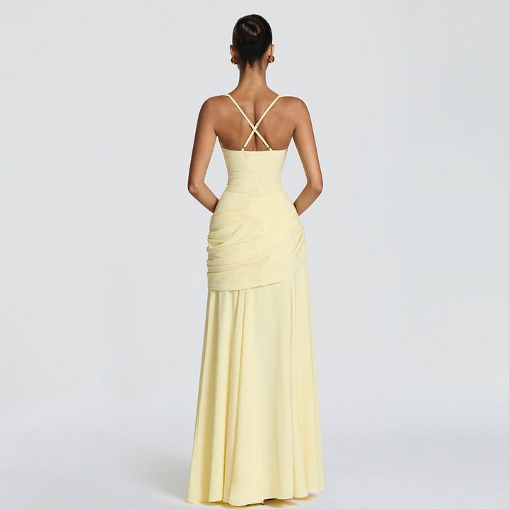 Minimalist Square Neck Ruched Waist Floor Gown