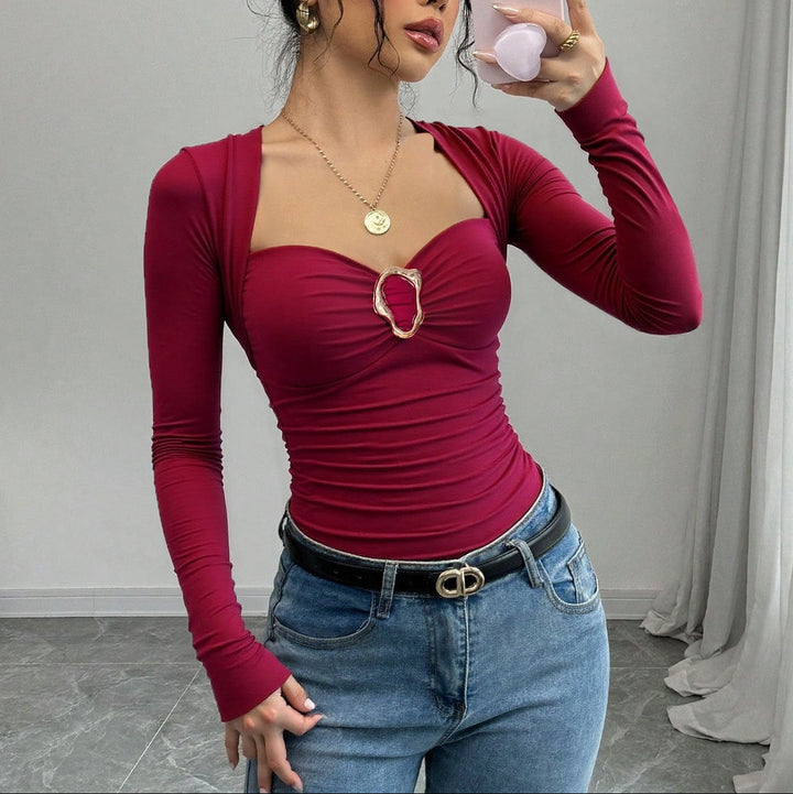 Women Square Neck Ruched Long Sleeve Top