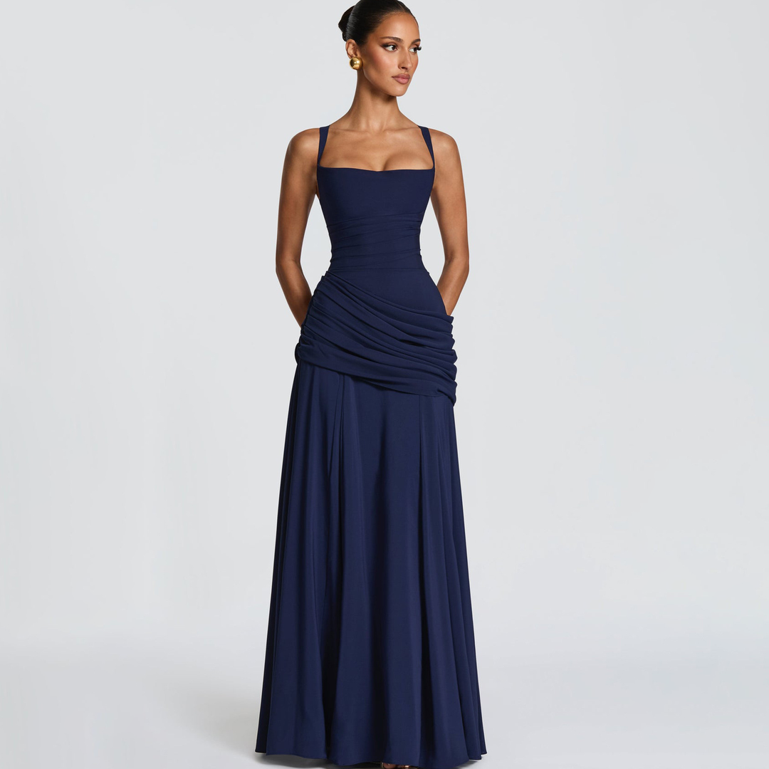 Minimalist Square Neck Ruched Waist Floor Gown
