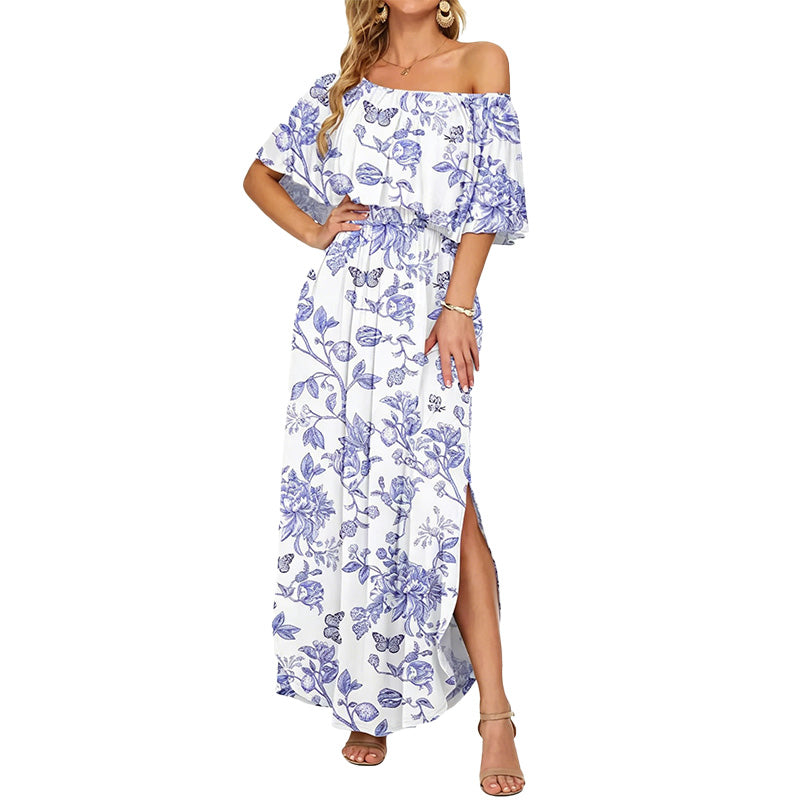 Printed off-shoulder short-sleeved long dress