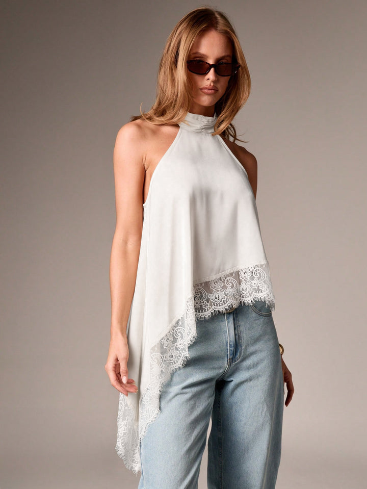 Halter Neck Lace Trim Asymmetrical Hem Top | Cream Chiffon Open Back Blouse