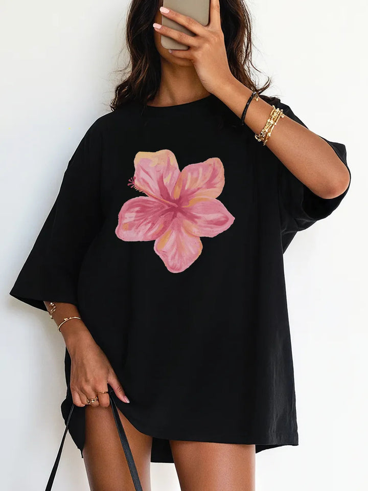 Hibiscus Oversized Cotton Tee for Women | Summer Casual T-Shirt