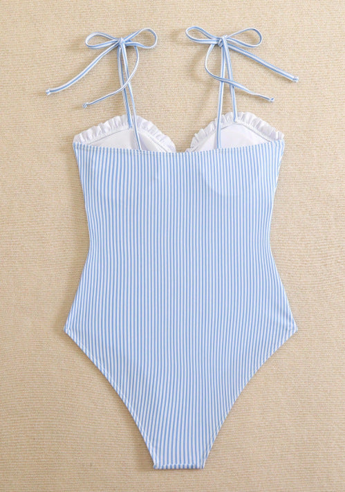 Striped Ruffle Trim Tie-Strap One-Piece Swimsuit