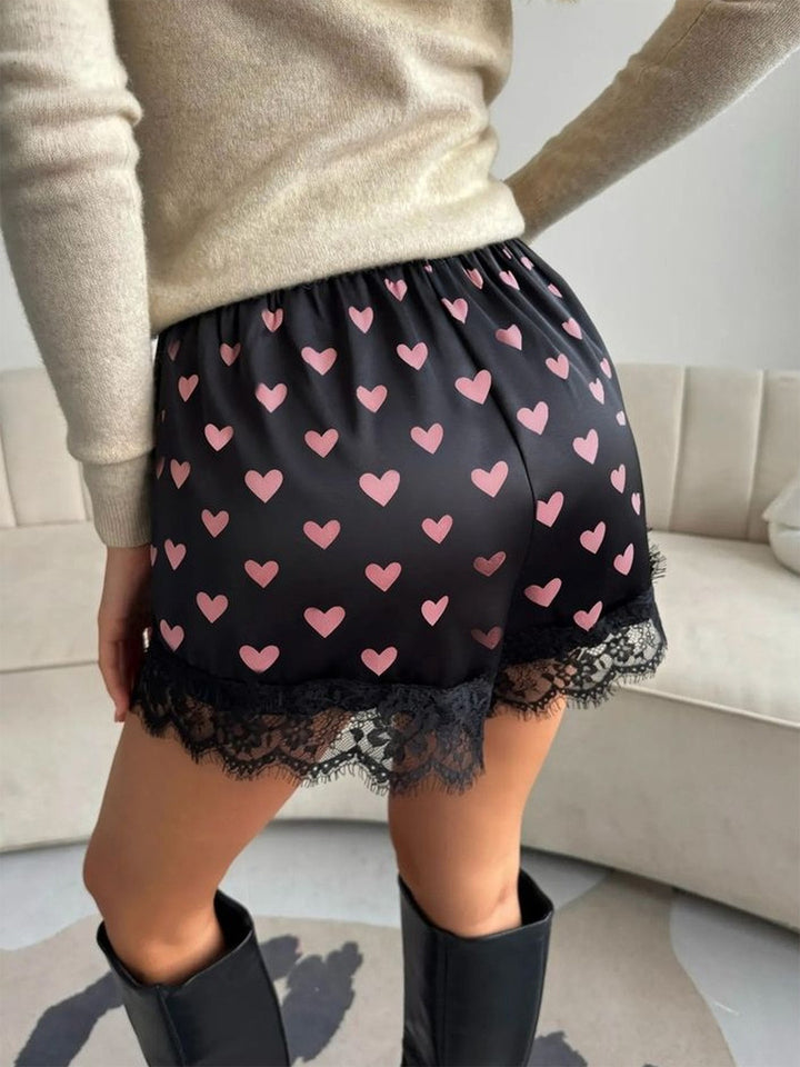 Satin Lounge Shorts with Eyelash Lace Trim, Elastic Waist Pajama Shorts