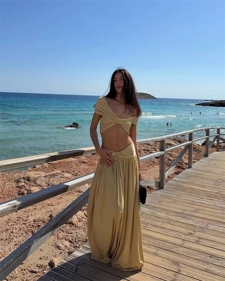 Beige Ruched 3-Piece Swimsuit Set with Off-Shoulder Top and High-Waisted Maxi Skirt