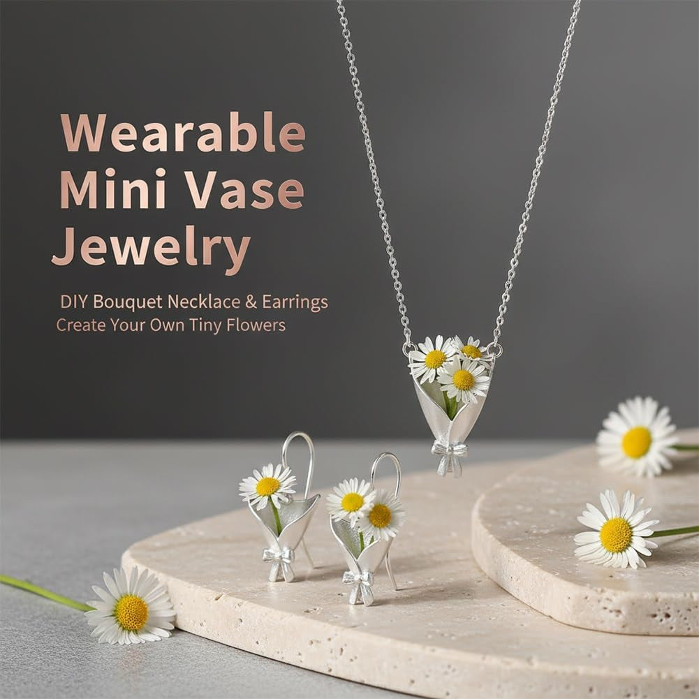 Sterling Silver Flower Bouquet Jewelry Set | Necklace Earrings &amp;amp; Brooch Matte Finish