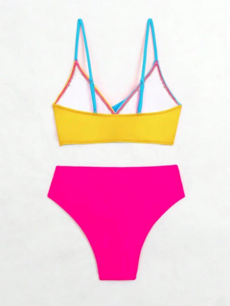 Neon Color Block Twist-Front Bikini Set, Mid-Rise 2-Piece Swimsuit