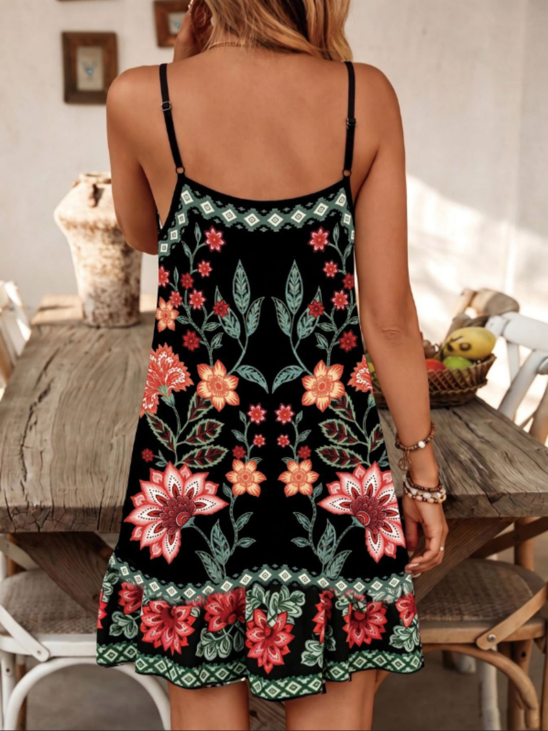 Boho Floral Geometric Trim Spaghetti Strap Ruffle Hem Mini Sundress