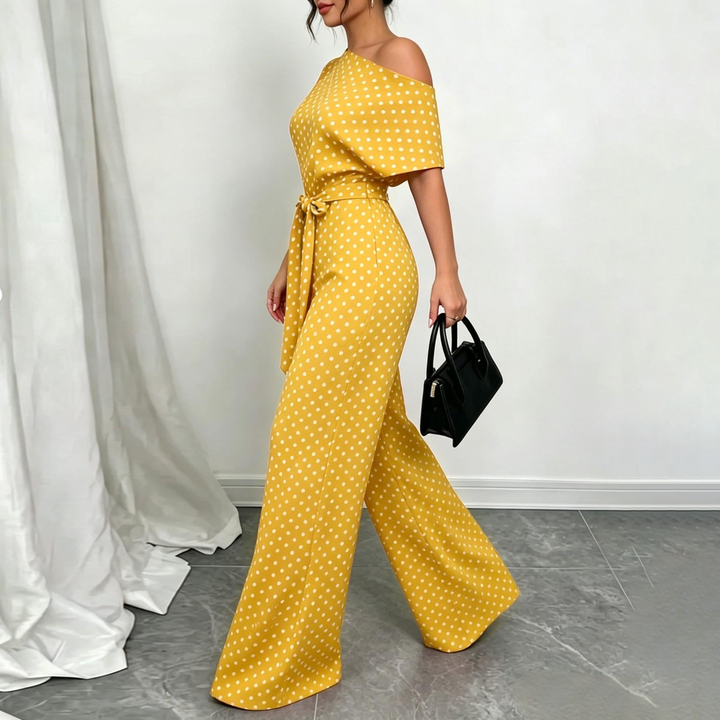 Off Shoulder Belted Wide Leg Jumpsuit