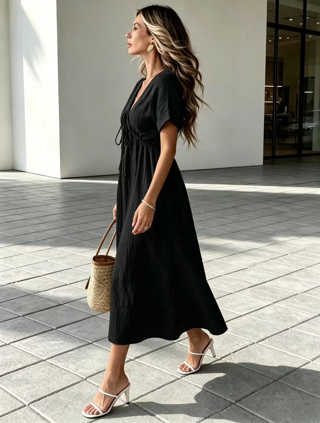 Crinkle Gauze V-Neck Midi Dress with Tie Detail, Short Sleeve Flowy Dress for Women