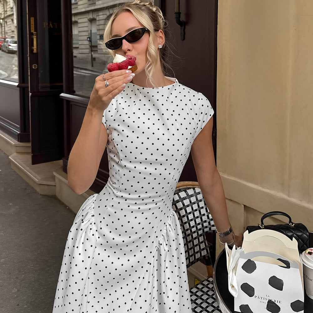 White Polka Dot Cap Sleeve Fit-and-Flare Midi Dress