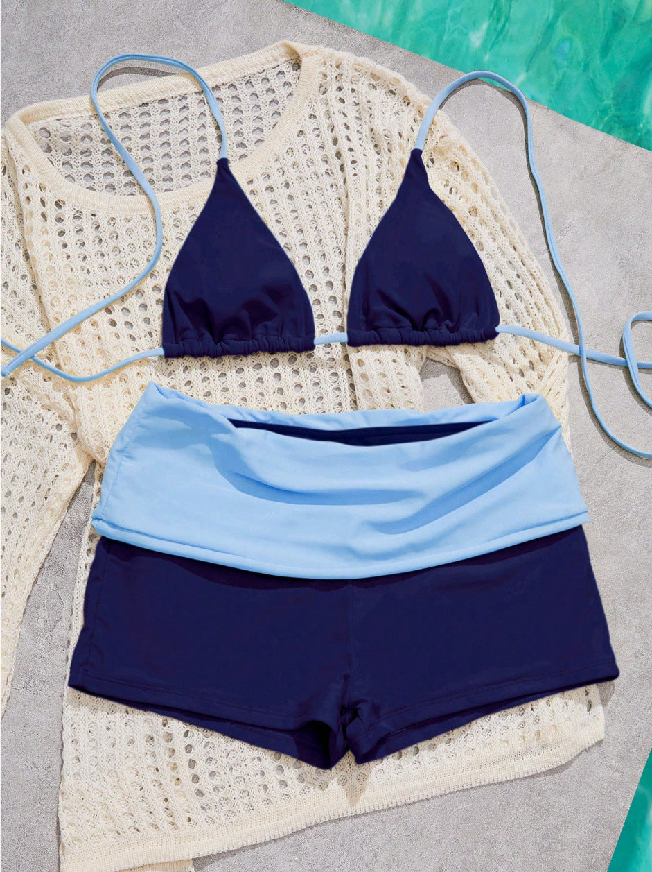 Color-Block Triangle Bikini Set with Boyshort Bottom