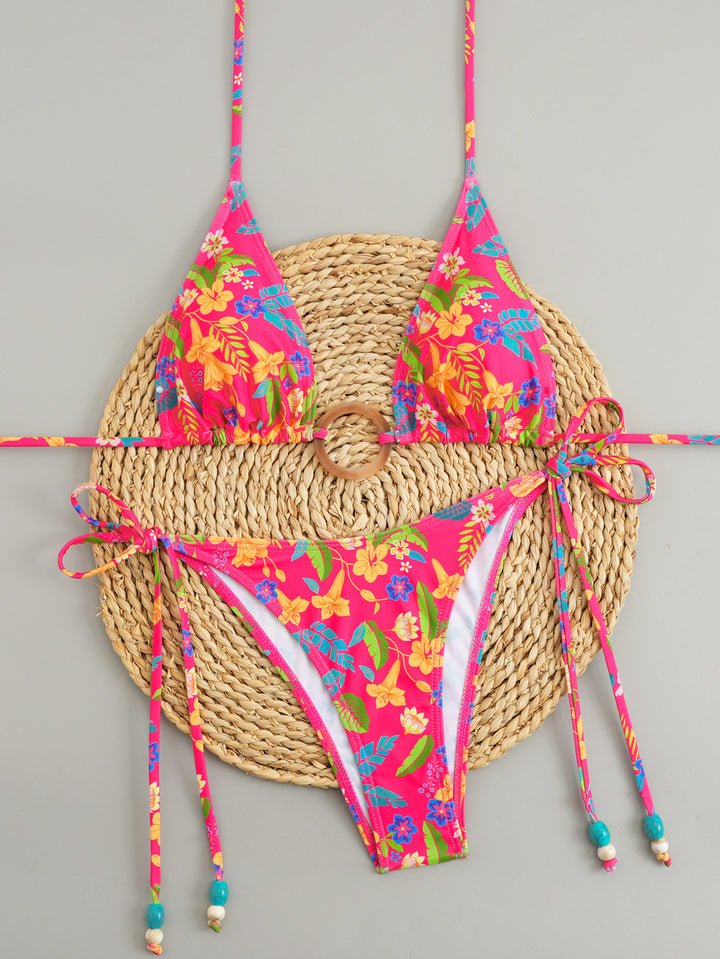 Hot Pink Tropical Floral O-Ring Halter Bikini Set | Tie Side Two-Piece