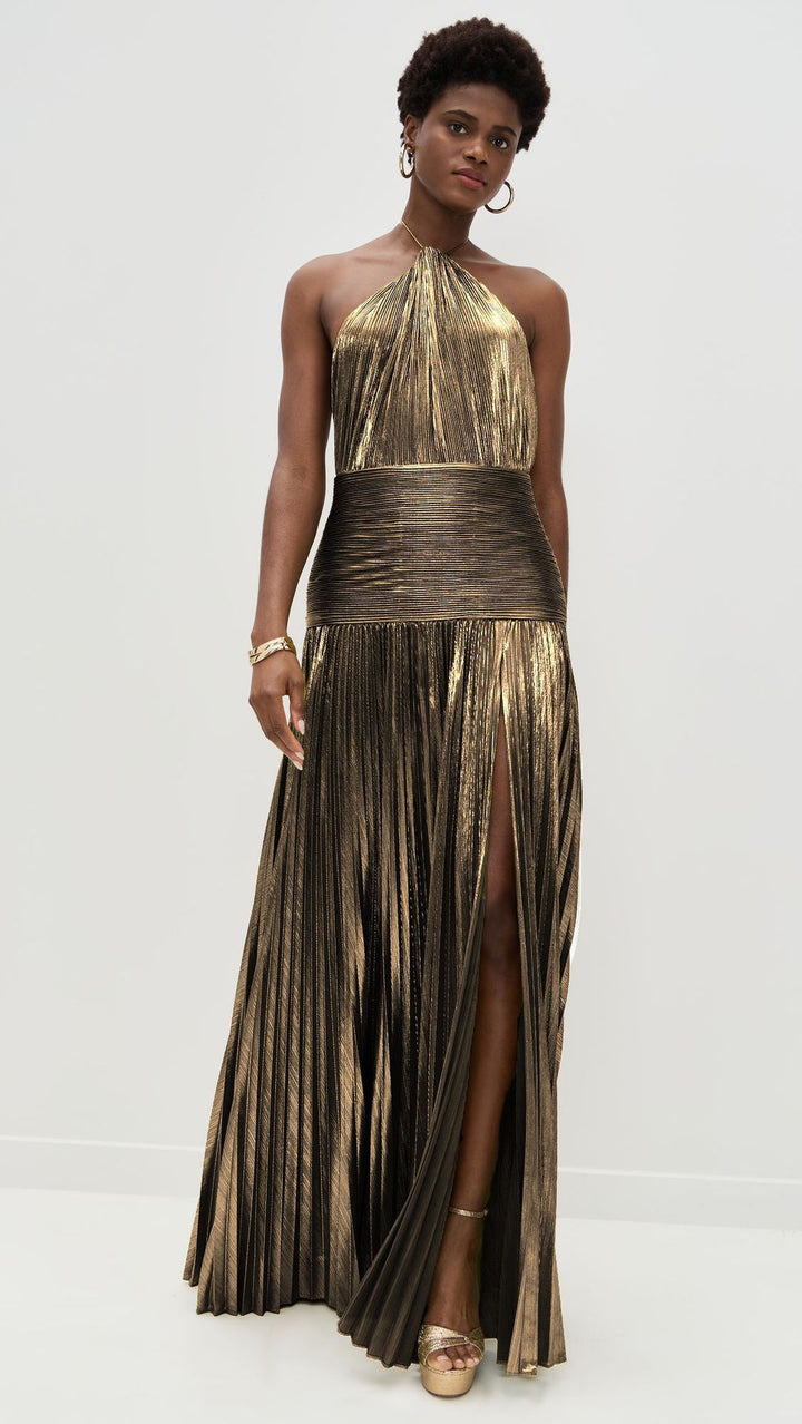 Metallic Olive Green Halter Neck Pleated Gown with High Slit