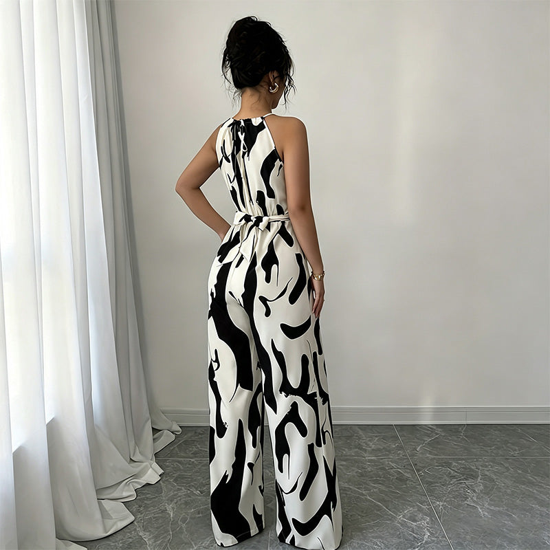 Halter-neck loose-fitting printed wide-leg jumpsuit