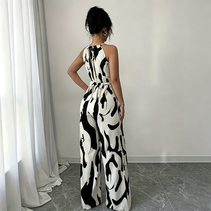 Halter-neck loose-fitting printed wide-leg jumpsuit