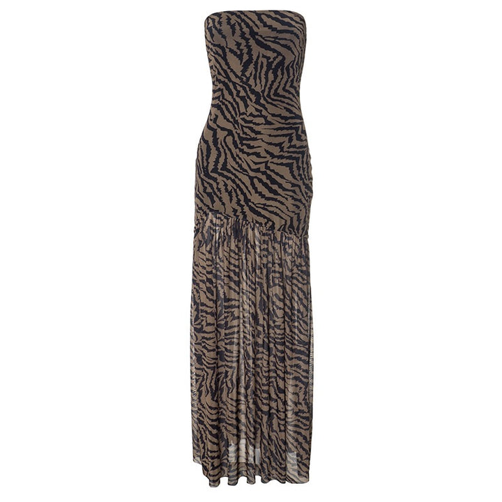 Women Tube Top Dress Tiger Stripe Mesh Patchwork Maxi Dress