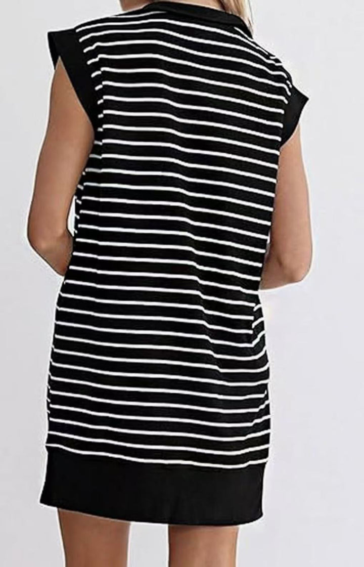 Breton Stripe Half-Zip Cap Sleeve Shift Dress