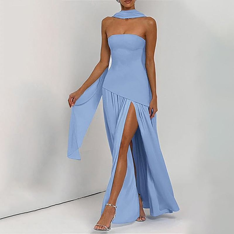 Stylish strapless solid color backless slit dress