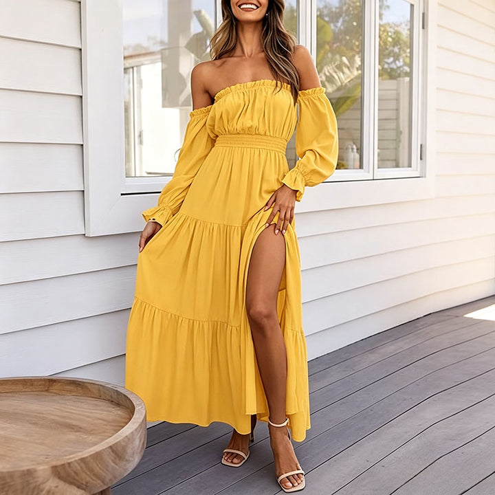 Off-shoulder long-sleeve A-line maxi skirt with a side slit