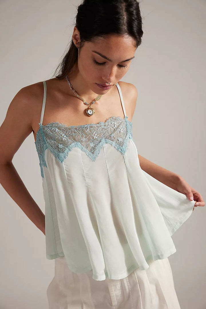 Mint Green Lace Trim Satin Cami Top | Adjustable Square Neck Blouse