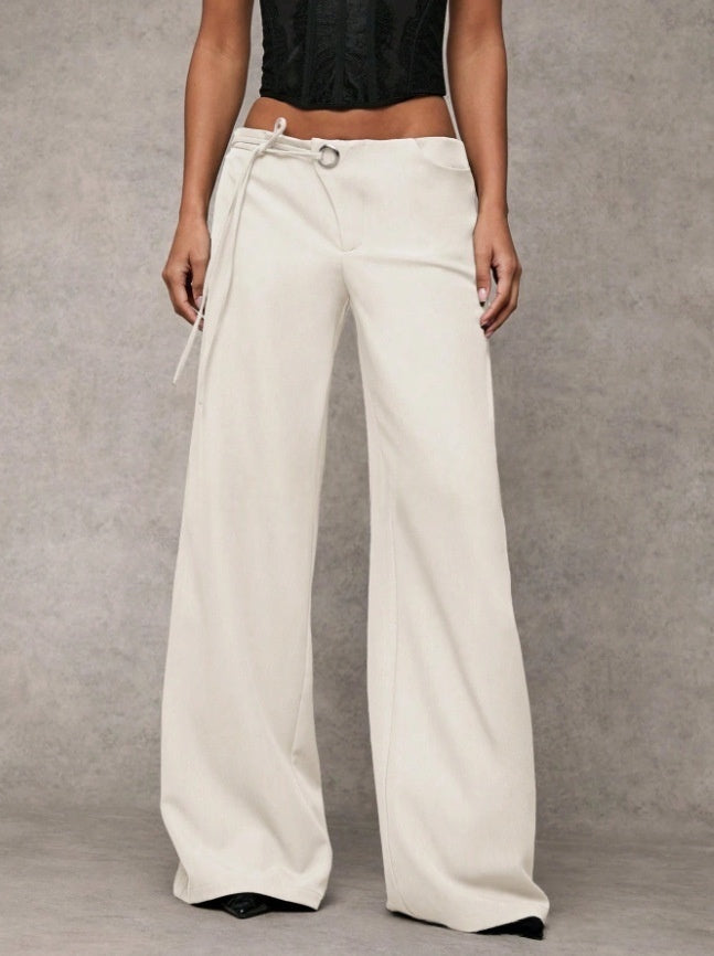 Low-Rise Tie Waist Wide Leg Trousers | Tailored Flare Pants with Metal Ring Detail for Women