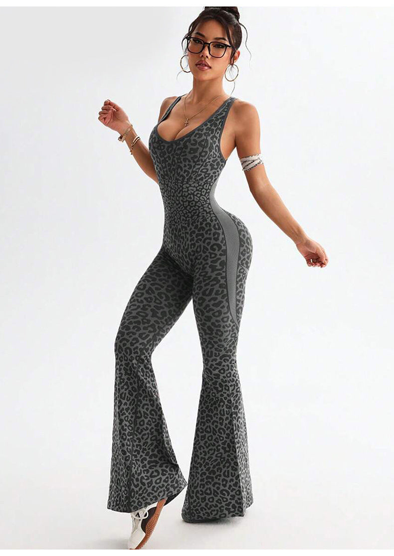 Leopard Print Seamless Flare Jumpsuit
